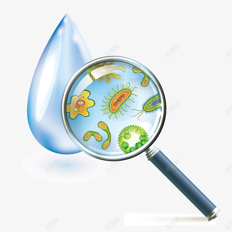 水滴png免抠素材_新图网 https://ixintu.com 放大镜 水资源 污染 细菌 装饰