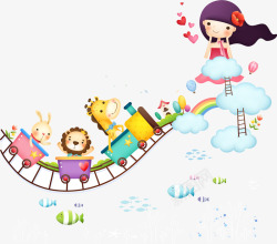 火车动物插画与女孩矢量图素材