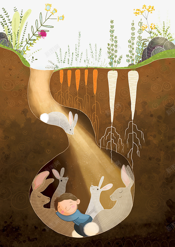 睡在土洞里的兔子和男孩psd免抠素材_新图网 https://ixintu.com 兔子的土洞 可爱的插画 睡觉的男孩