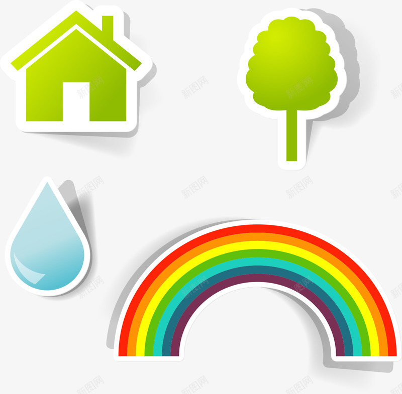 绿色房屋树木水珠彩虹自然图标矢量图ai_新图网 https://ixintu.com 平面自然图标素材 彩色的彩虹 矢量彩虹 绿色的房屋 矢量图