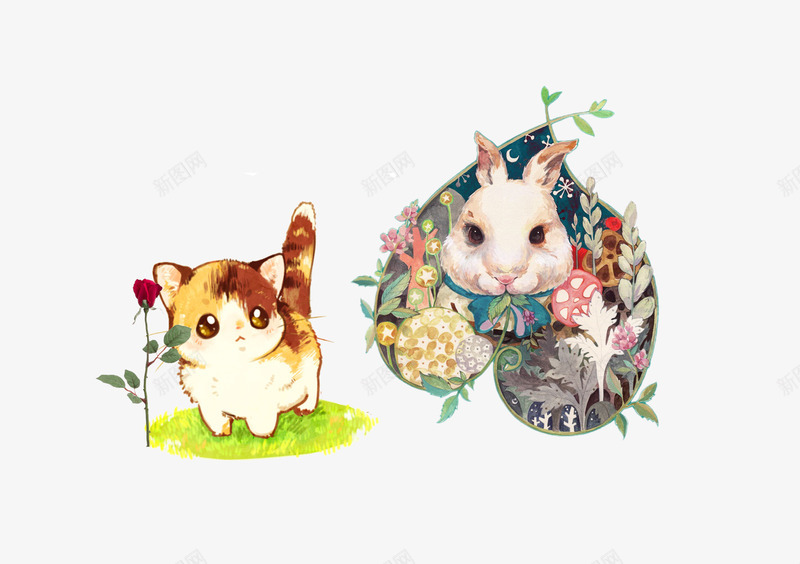 兔子小猫背景psd免抠素材_新图网 https://ixintu.com 动物 小猫 手绘 猫咪