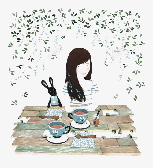 喝茶的女生png免抠素材_新图网 https://ixintu.com 下午茶 兔子 卡通 女生 手绘 插画 文艺 植物