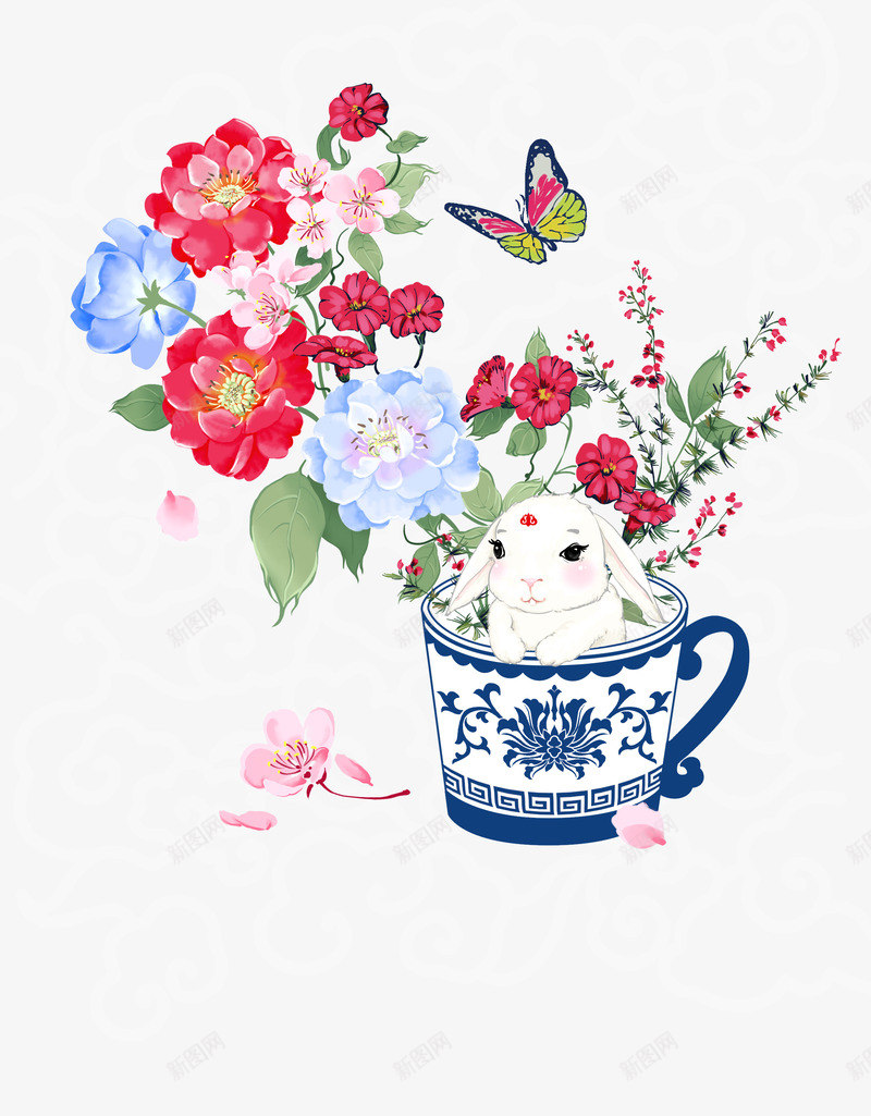 花卉兔子png免抠素材_新图网 https://ixintu.com 手绘 植物 花卉 茶杯兔 蝴蝶 蝴蝶采花