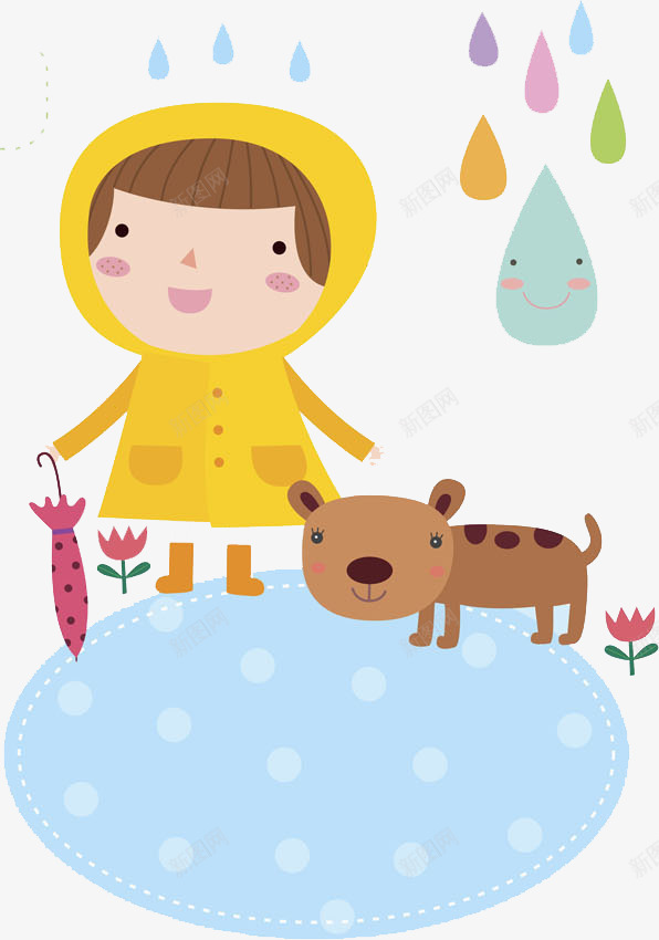 可爱女孩png免抠素材_新图网 https://ixintu.com 口袋 可爱 女孩 宠物 小狗 手绘 水滴 雨伞 黄衣服