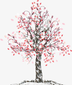 彩绘粉红花朵树木装饰素材