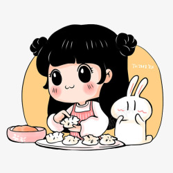 包饺子的女孩饺子和兔子高清图片