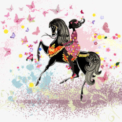 骑马的美女唯美美女骑马蝴蝶剪影装饰高清图片