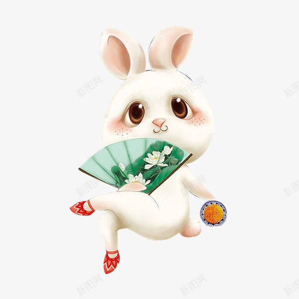 手绘可爱扇子兔子psd免抠素材_新图网 https://ixintu.com 卡通兔子 拿扇子的兔子 白兔子