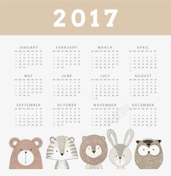 207年复古风格小动物2017日历矢量图高清图片