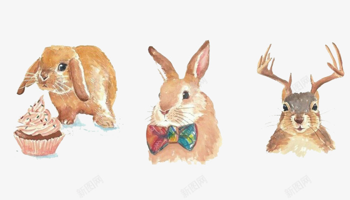 卡通兔子带的东西png免抠素材_新图网 https://ixintu.com 兔子 动物 卡通 山羊角 插画 杯子蛋糕 绘画 蝴蝶结 食物