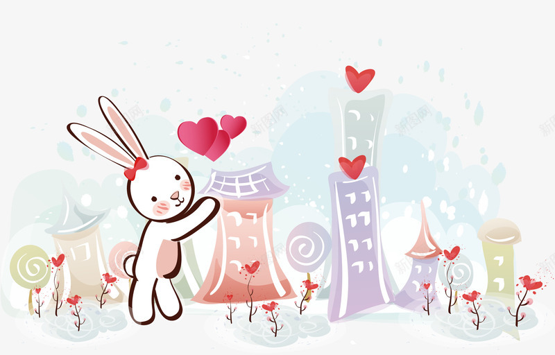 手绘装饰小兔子png免抠素材_新图网 https://ixintu.com 卡通手绘 小兔子 房屋 花朵 装饰图案