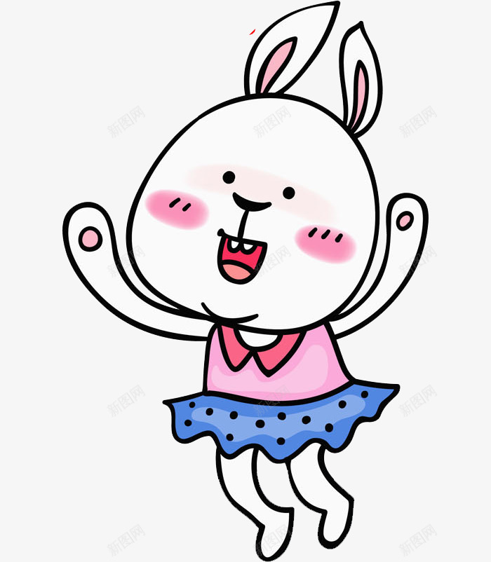 跳舞兔子png免抠素材_新图网 https://ixintu.com 可爱 宠物 手绘 挥手 粉色衬衫 蓝色斑点裙子 跳舞兔子