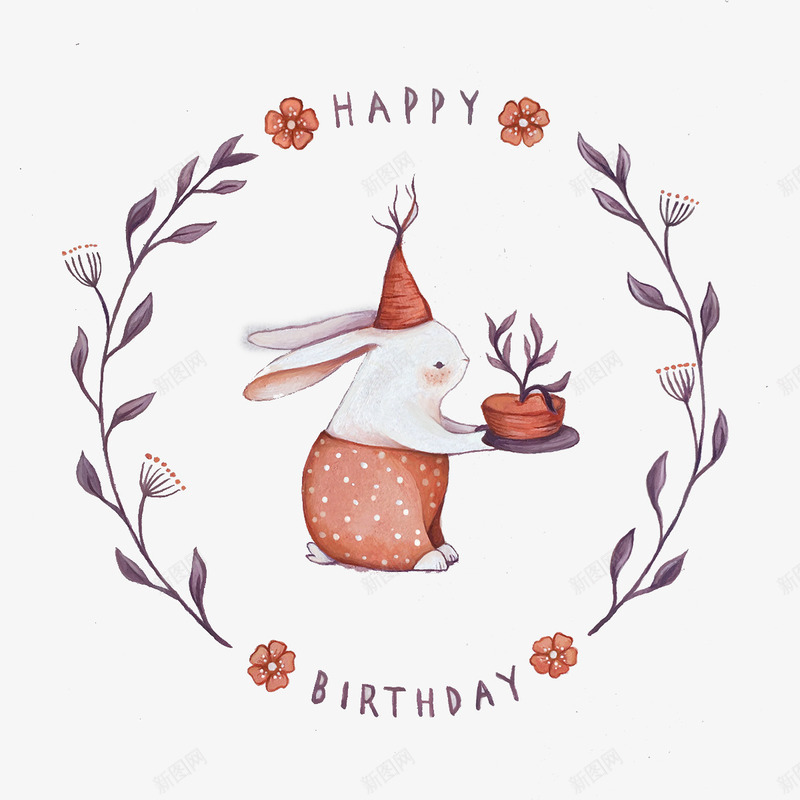 生日贺卡png免抠素材_新图网 https://ixintu.com 兔子 生日 花藤