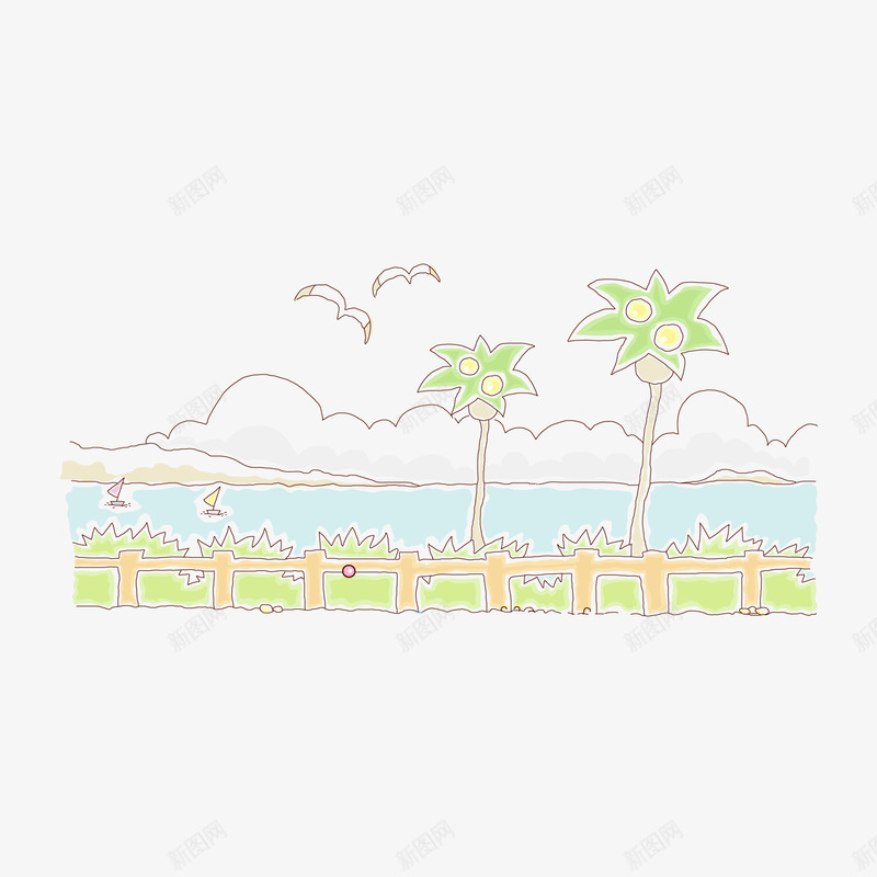 海边风景png免抠素材_新图网 https://ixintu.com 彩铅画 手绘 水彩画 海边风景 漫画 版画 童年生活 系列图案 线条 速写
