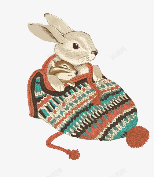 兔子与松鼠帽子png免抠素材_新图网 https://ixintu.com 兔子 卡通 帽子 手绘 松鼠 睡觉