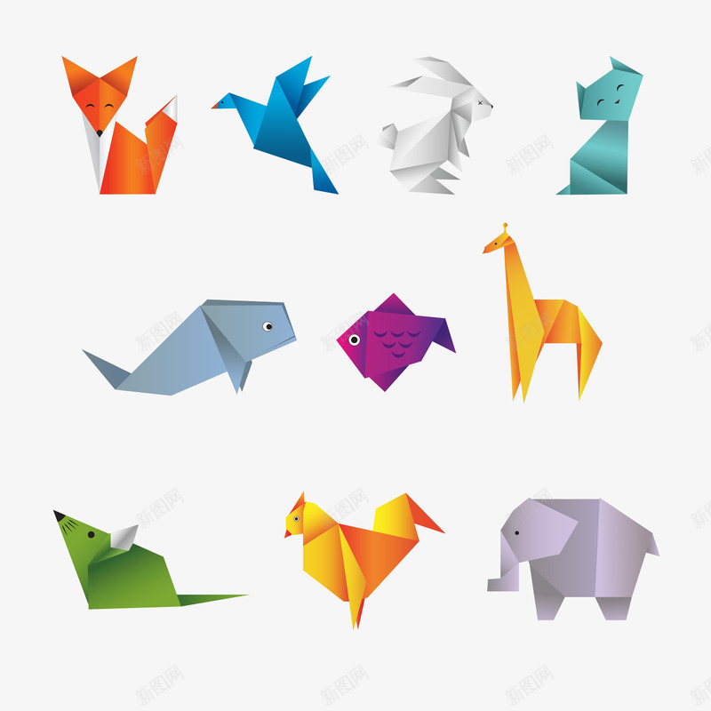 卡通动物折纸png免抠素材_新图网 https://ixintu.com 兔子 其他 动物 动物折纸 动物设计 卡通动物 大象 狐狸 鱼