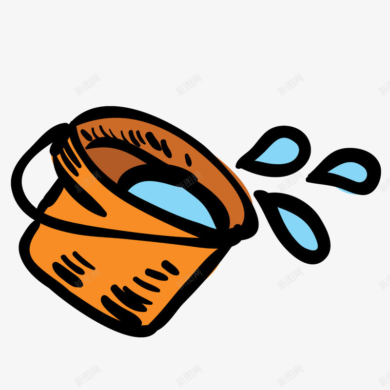橘色水桶和蓝色水滴png免抠素材_新图网 https://ixintu.com 提手 橘色水桶 水墨图 水桶 水桶泼水 水滴 清水 简图