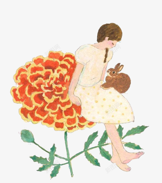 手绘坐在花上的少女png免抠素材_新图网 https://ixintu.com 兔子 动物 叶子 女孩 少女 植物 花朵