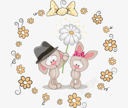 戴帽子的兔子卡通手绘戴帽子兔子情侣花朵示爱高清图片