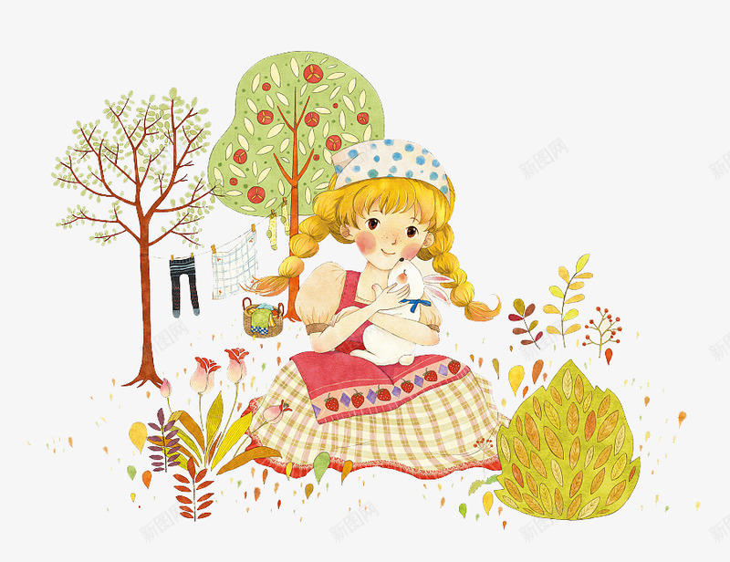 扎着麻花辫抱着小白兔的女孩png免抠素材_新图网 https://ixintu.com 兔子 卡通 原野 女孩 手绘 树木 秋天 苹果
