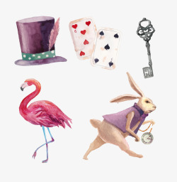 水彩手绘兔子帽子钥匙扑克矢量图素材