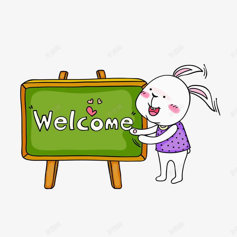 欢迎黑板png免抠素材_新图网 https://ixintu.com 可爱 微笑 手绘 木质 架子 欢迎 爱心 白色兔子 黑板