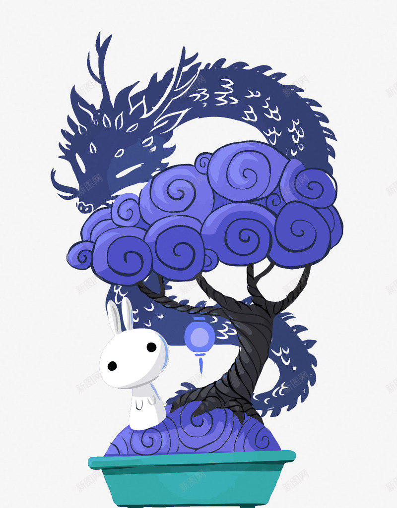 龙和兔子png免抠素材_新图网 https://ixintu.com 兔子 卡通 可爱 树 树木 矢量卡通插画 蓝色 龙
