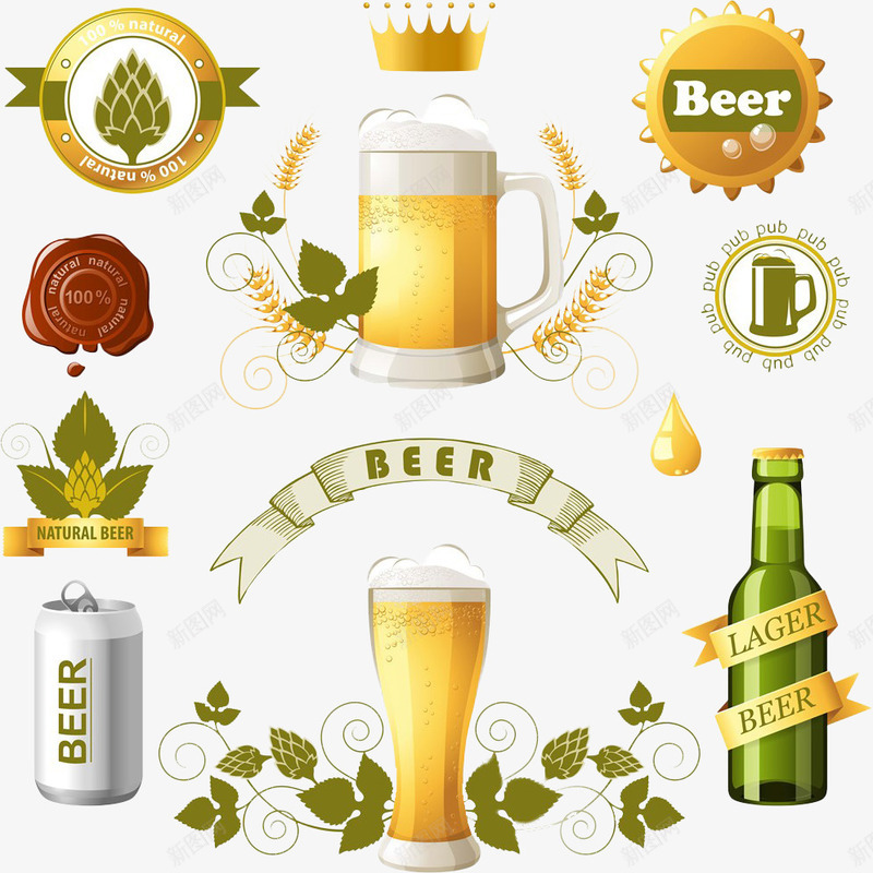 绿叶环绕啤酒png免抠素材_新图网 https://ixintu.com 啤酒 横条纹 水滴 酒盖 黄色