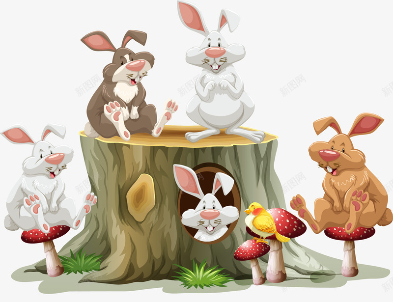 手绘树墩和小兔子png免抠素材_新图网 https://ixintu.com 卡通 卡通画 小兔子 手绘 树墩 蘑菇