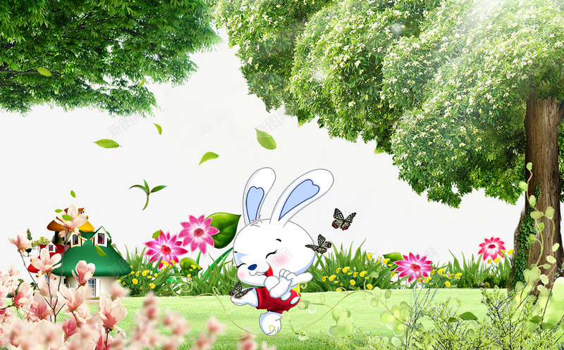 卡通兔子psd免抠素材_新图网 https://ixintu.com 卡通兔子免费下载 卡通背景 大树 房子 春天 花朵 草地 蝴蝶