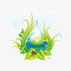 节水装饰绿色植物蓝色水滴标签高清图片