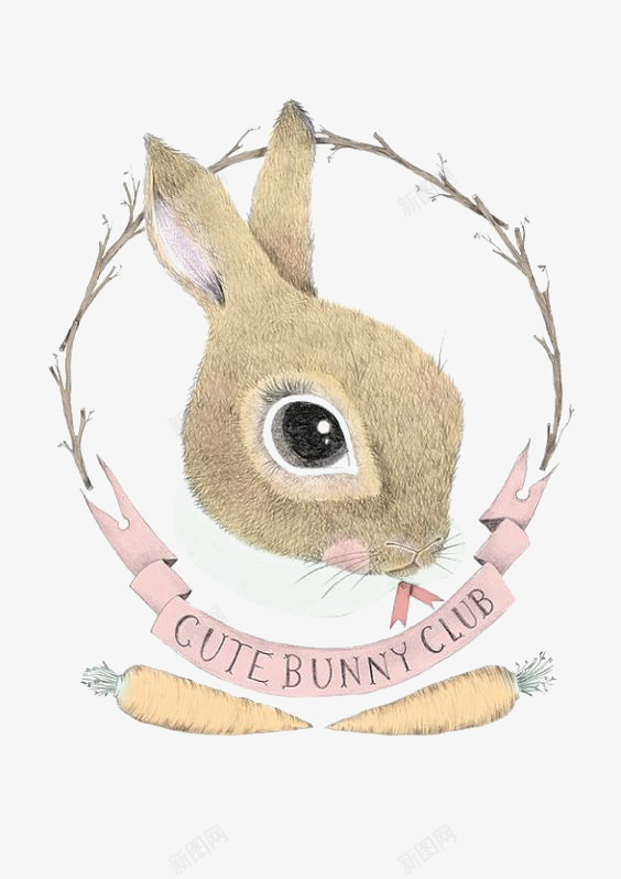 卡通兔子插画png免抠素材_新图网 https://ixintu.com 动物 可爱 可爱兔子 大眼睛 树枝
