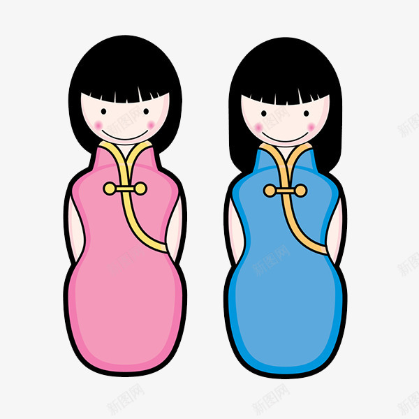 旗袍瓷娃娃png免抠素材_新图网 https://ixintu.com 手绘卡通形象 旗袍 民国旗袍 瓷娃娃 穿着旗袍的瓷娃娃 粉红色旗袍 蓝色旗袍