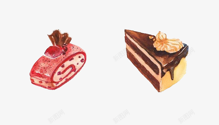 粉红色蛋糕与巧克力蛋糕png免抠素材_新图网 https://ixintu.com 巧克力蛋糕 手绘 插画 水彩 甜点 粉红色 绘画 美味 蛋糕 食物
