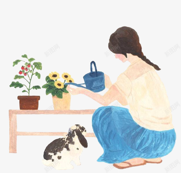 浇花的少女和兔子png免抠素材_新图网 https://ixintu.com 少女 手绘少女 植物 浇花 盆栽 黑白兔子