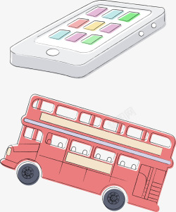 红色公共汽车手机公共汽车手绘卡通旅游元矢量图高清图片