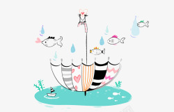 可爱水彩插图梦幻插画雨伞与小鱼素材