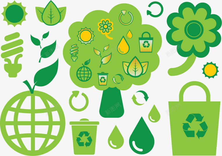 绿色健康生活png免抠素材_新图网 https://ixintu.com 光合作用 可循环垃圾 地球 水滴 绿色生活