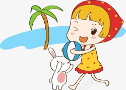 海边和兔子玩皮球的女孩简笔画素材
