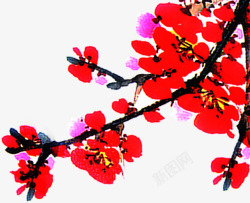 红色梅花水彩画树枝素材