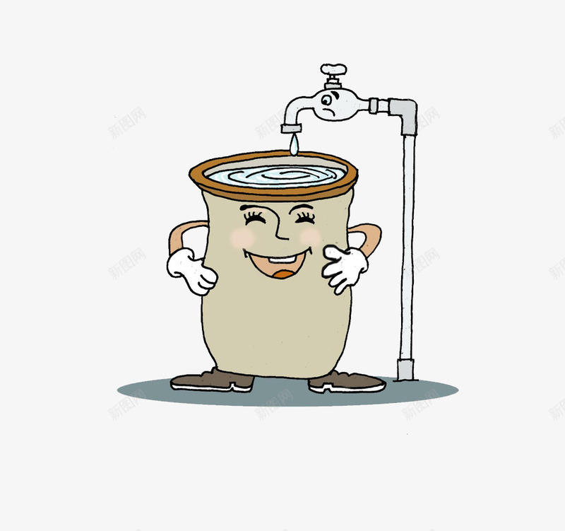 接水的缸子png免抠素材_新图网 https://ixintu.com 卡通 手绘 接水 水滴 水龙头 用盆接水 缸子