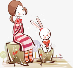 小女孩和小兔子矢量图素材