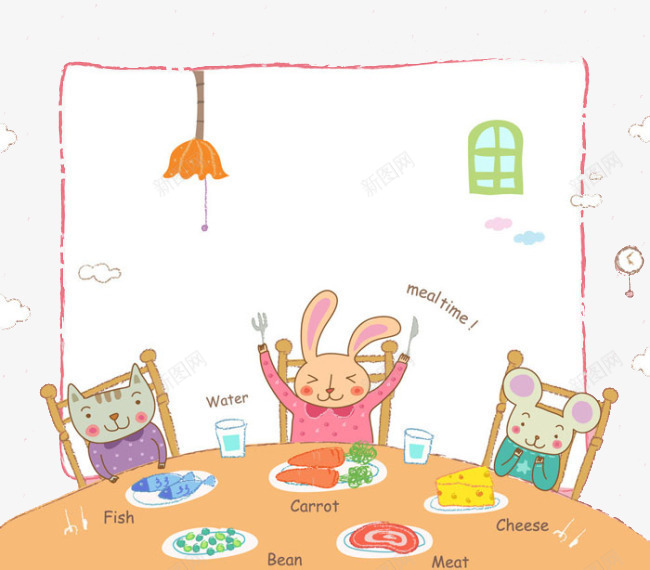 动物开心吃大餐png免抠素材_新图网 https://ixintu.com 兔子 卡通 大餐 手绘 猫咪 食物