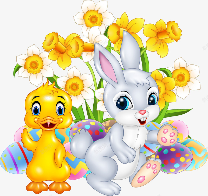 卡通手绘兔子与鸭子png免抠素材_新图网 https://ixintu.com 兔子与鸭子 创意 动漫动画 卡通手绘 简约 黄色花朵
