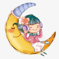 带着耳麦的女孩躺在月亮上听音乐的小女孩高清图片