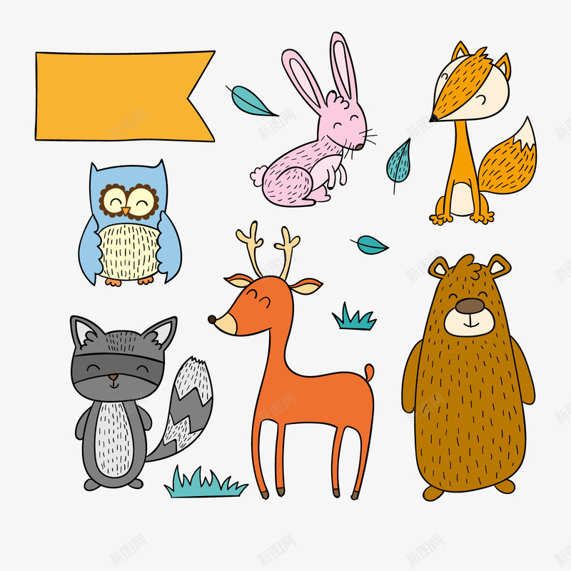 彩绘笑脸森林动物png免抠素材_新图网 https://ixintu.com 兔子 动物 卡通动物 手绘动物 熊 老鹰 野生动物