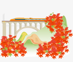 卡通手绘行驶桥梁现代火车枫叶素材
