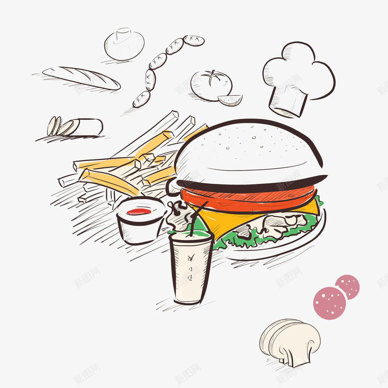 彩色汉堡png免抠素材_新图网 https://ixintu.com 厨师帽子 彩色 手绘 汉堡 涂鸦 番茄酱 薯条 蘑菇