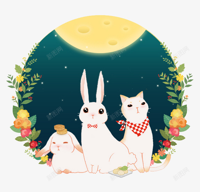 兔子小猫png免抠素材_新图网 https://ixintu.com 兔子 卡通 小狗 小猫咪 月亮 花边