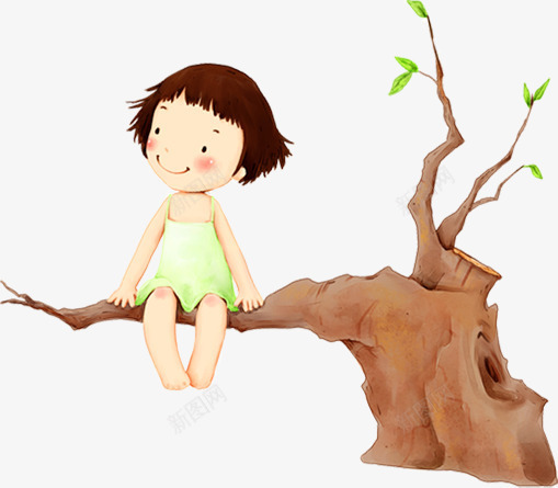坐在树枝上小女孩卡通画png免抠素材_新图网 https://ixintu.com 卡通画 女孩 树枝